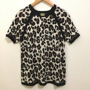Leopard Print Cotton Knit Short Sleeve Sweater